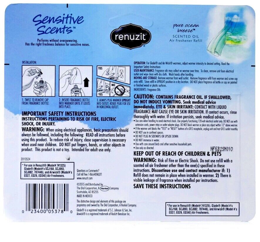 Renuzit Pure Ocean Breeze Air Freshener (3x Refills) Fits Airwick/Glade