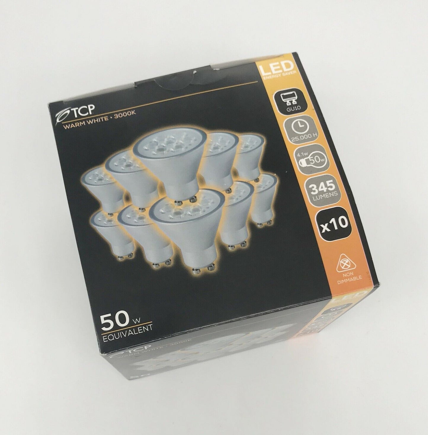 TCP GU10 345lm 4.1 W 50W Warm White 3000K SILVER FINISH Spotlight Bulbs 10 Pack
