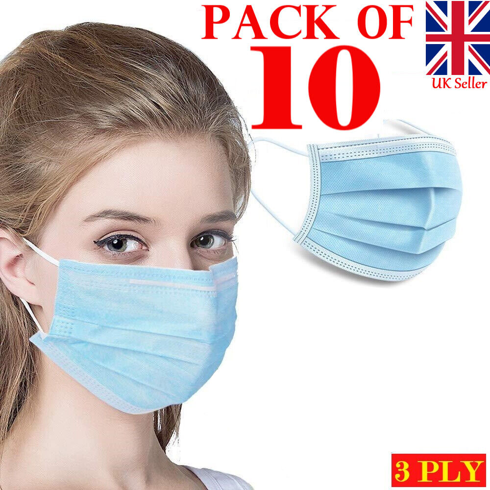 10 x 3 Ply Face Mask Disposable Blue Face Guard Cover Face Masks Respiration