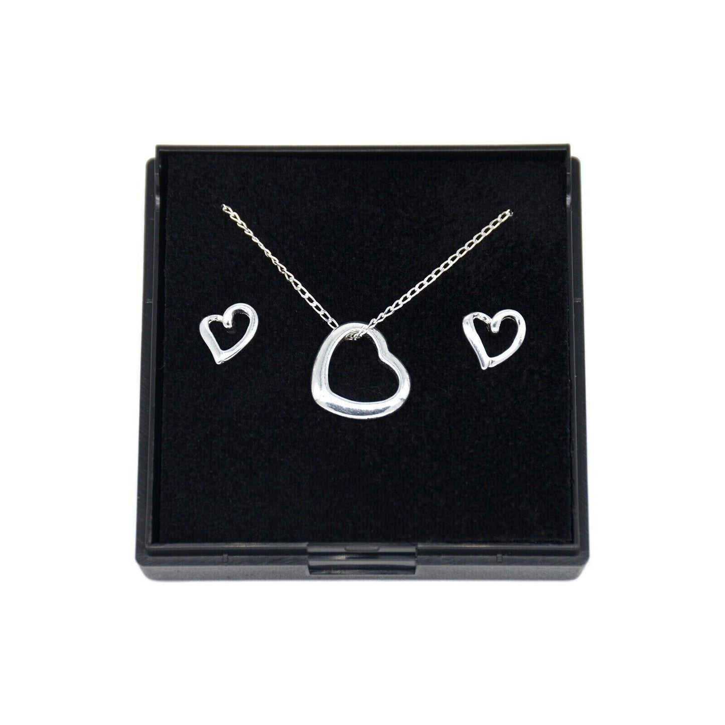 Genuine 925 Sterling Silver Floating Heart Necklace & Earring Set in Gift Box