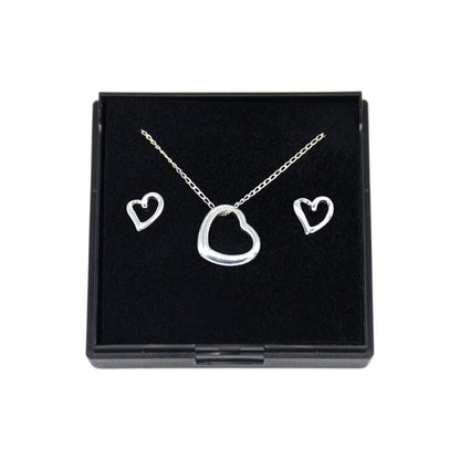 Genuine 925 Sterling Silver Floating Heart Necklace & Earring Set in Gift Box
