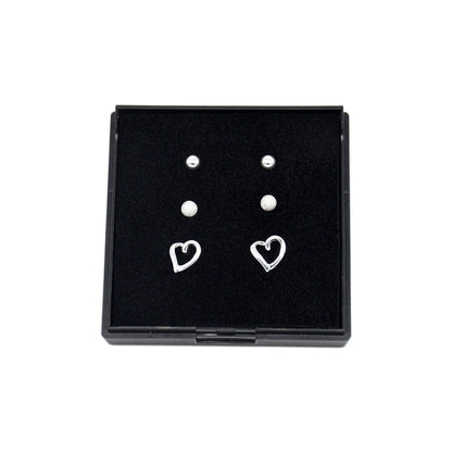 Genuine 925 Sterling Silver 4mm Polished, Frosted & Open Heart Studs In Gift Box