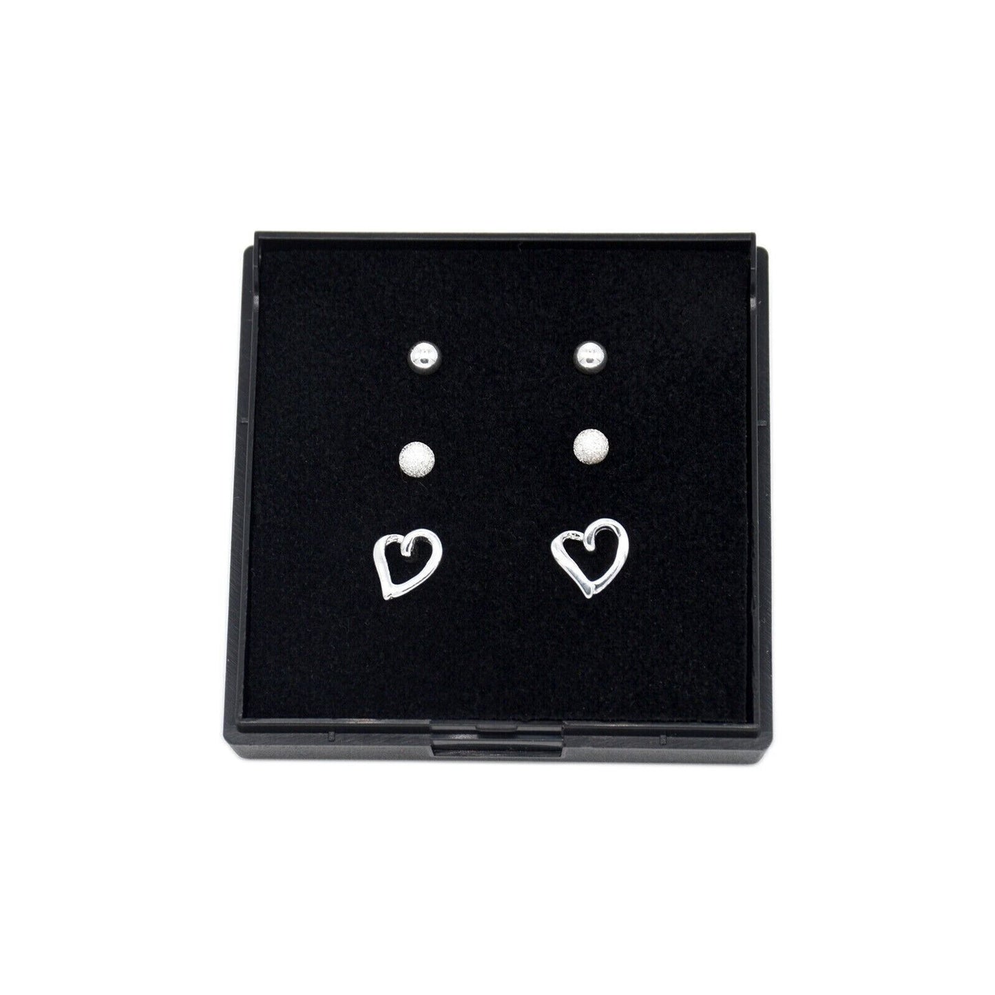 Genuine 925 Sterling Silver 4mm Polished, Frosted & Open Heart Studs In Gift Box