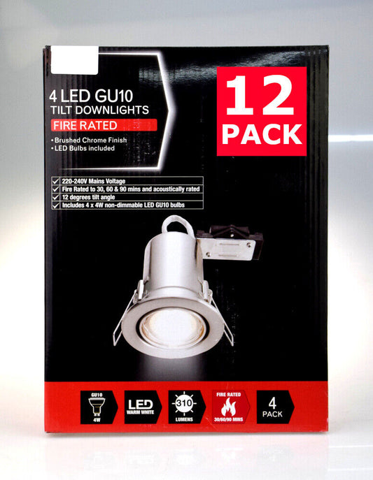 12 x BRUSHED CHROME Fire Rated Tilt LED GU10 Recessed Spotlights Downlights 4w