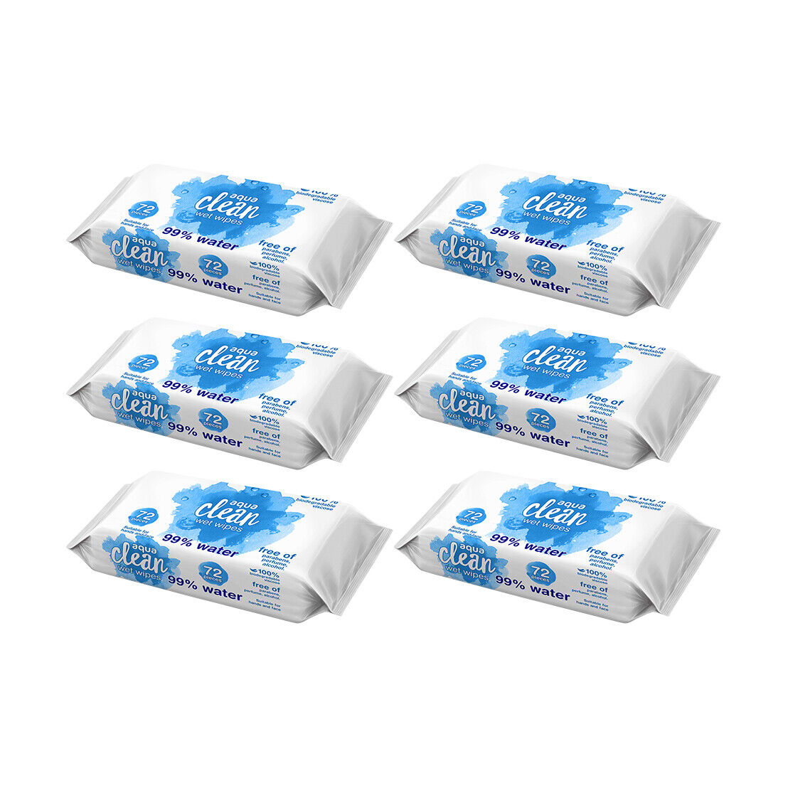 6 PACKS AQUA CLEAN BABY WIPES 99% WATER (72 WIPES P/PACK) BIODEGRADABLE