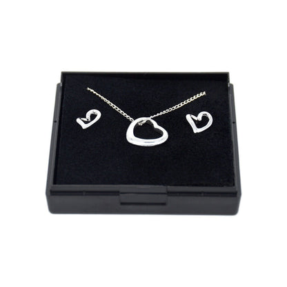 Genuine 925 Sterling Silver Floating Heart Necklace & Earring Set in Gift Box