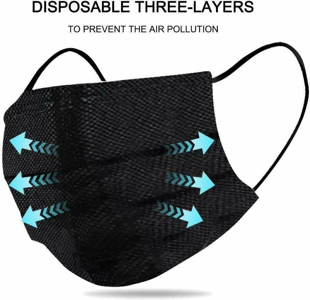 50x Disposable Face Masks Black 3PLY Soft Mask Breathable Mouth Cover Guard