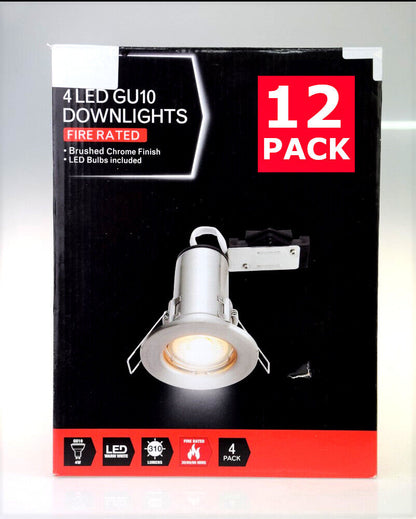 12x BRUSHED CHROME Fire Rated LED GU10 Recessed Ceiling Spotlights Downlights 4w