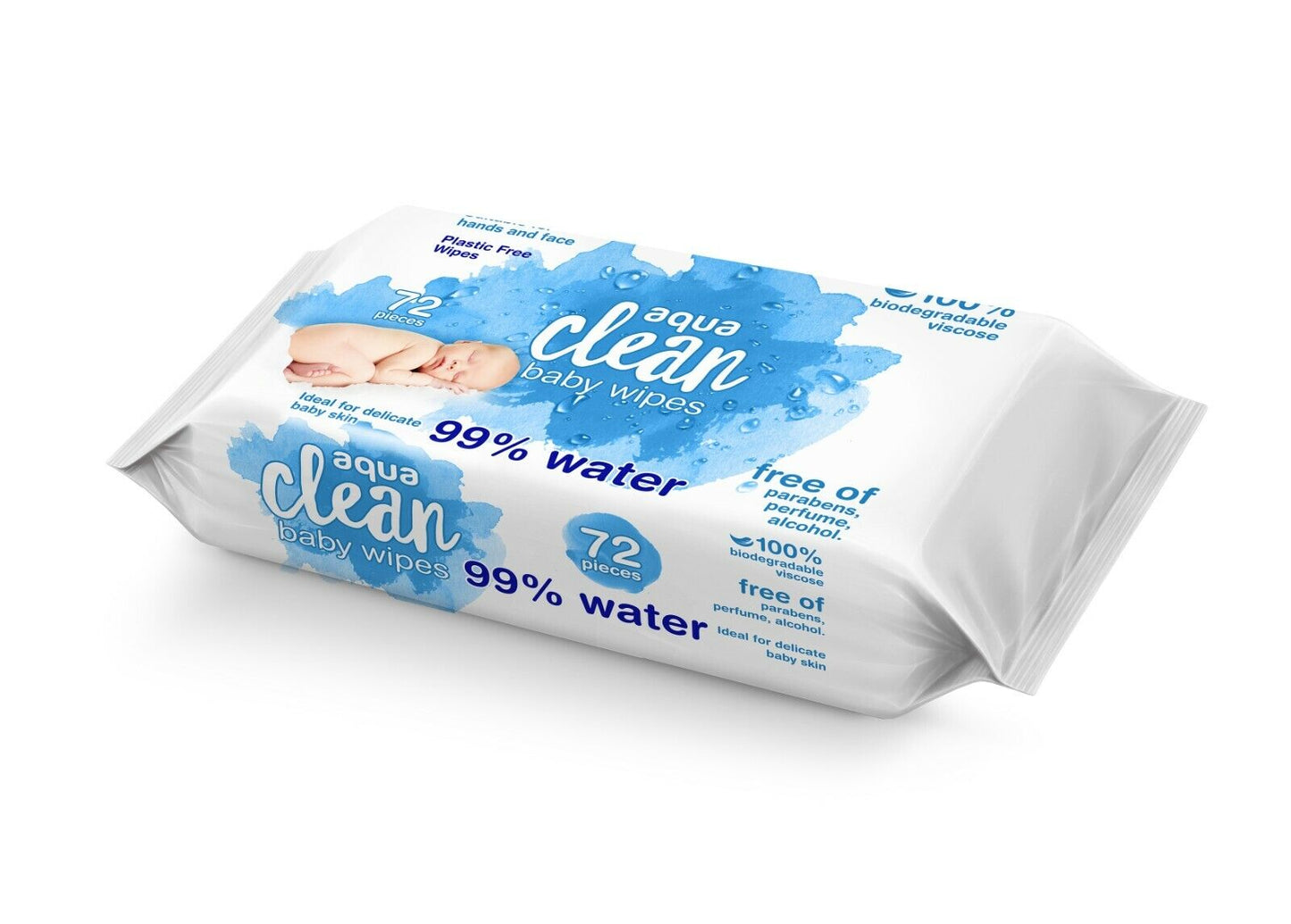 3 PACKS AQUA CLEAN BABY WIPES 99% WATER (72 WIPES PER PACK) BIODEGRADABLE