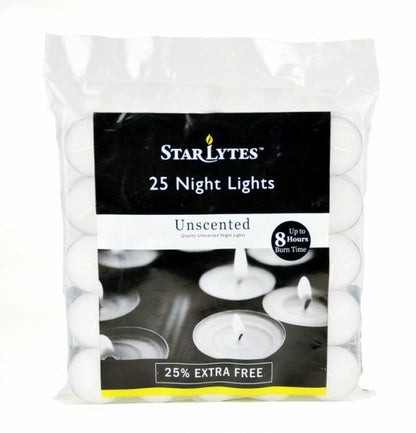 Tea Lights Night lights 25 Candles White Unscented 8 Hours Burn Time Starlytes