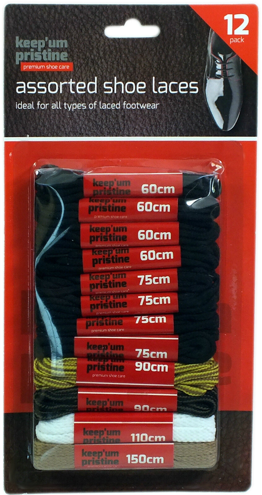 12 Shoe Laces in 5 Assorted Sizes & Colours Black, White & Light Brown