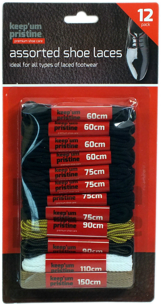 12 Shoe Laces in 5 Assorted Sizes & Colours Black, White & Light Brown